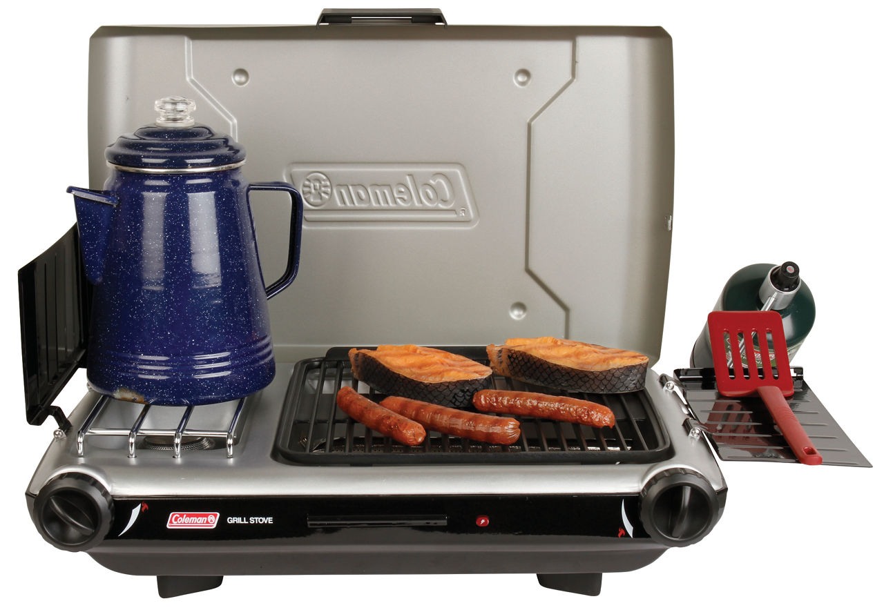 Coleman Deluxe Tabletop Propane 2-in-1 Grill/Stove | 2-Burner | Black | Push-Button Ignition