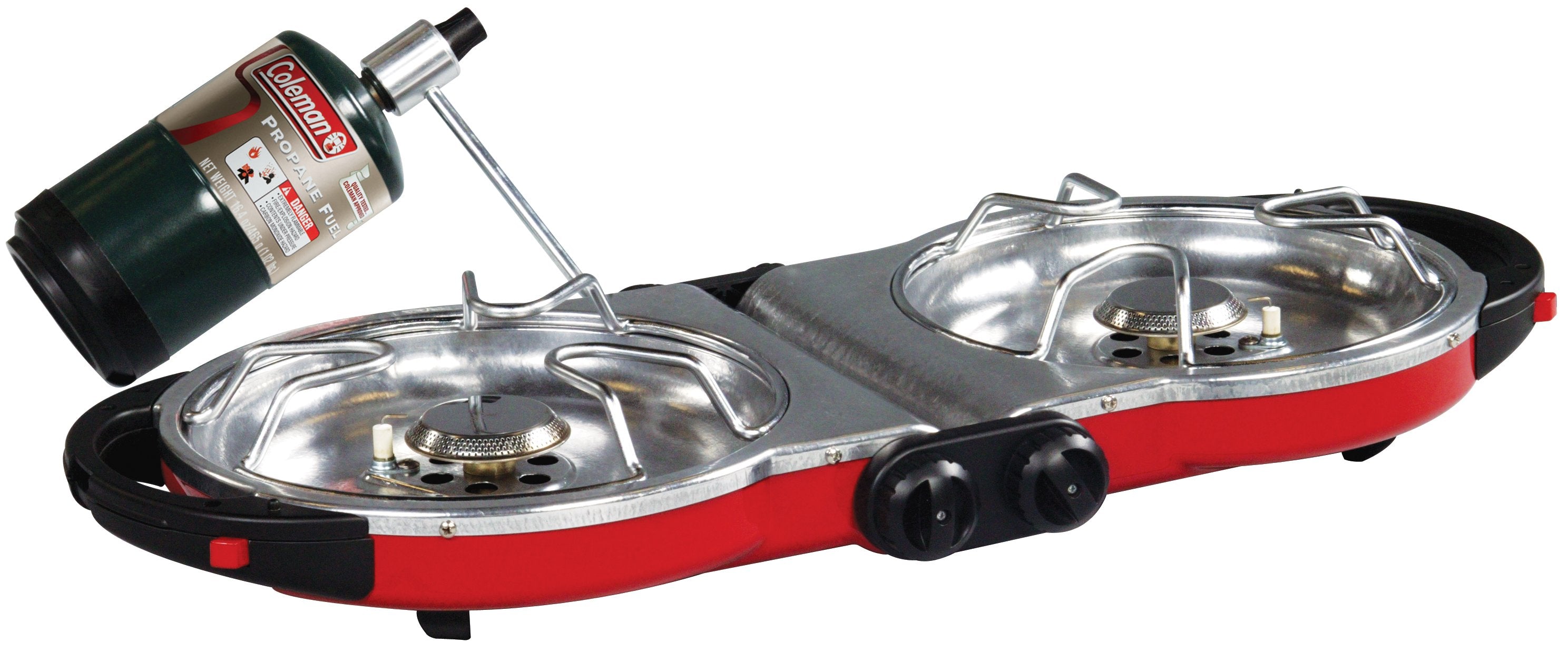 Coleman Fold N Go™ Propane Stove | Red | 10,000-BTUs | 2 Independently Adjustable Burners | Easy Cleaning | Push-Button Ignition