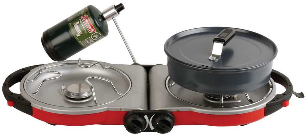 Coleman Fold N Go™ Propane Stove | Red | 10,000-BTUs | 2 Independently Adjustable Burners | Easy Cleaning | Push-Button Ignition