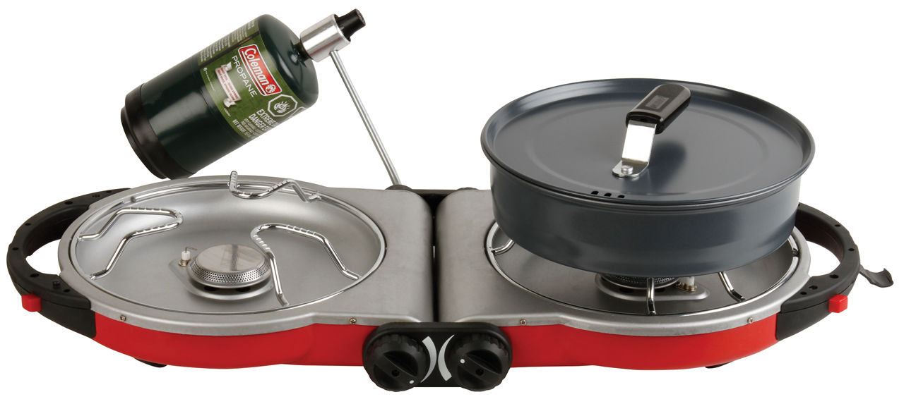 Coleman Fold N Go™ Propane Stove | Red | 10,000-BTUs | 2 Independently Adjustable Burners | Easy Cleaning | Push-Button Ignition