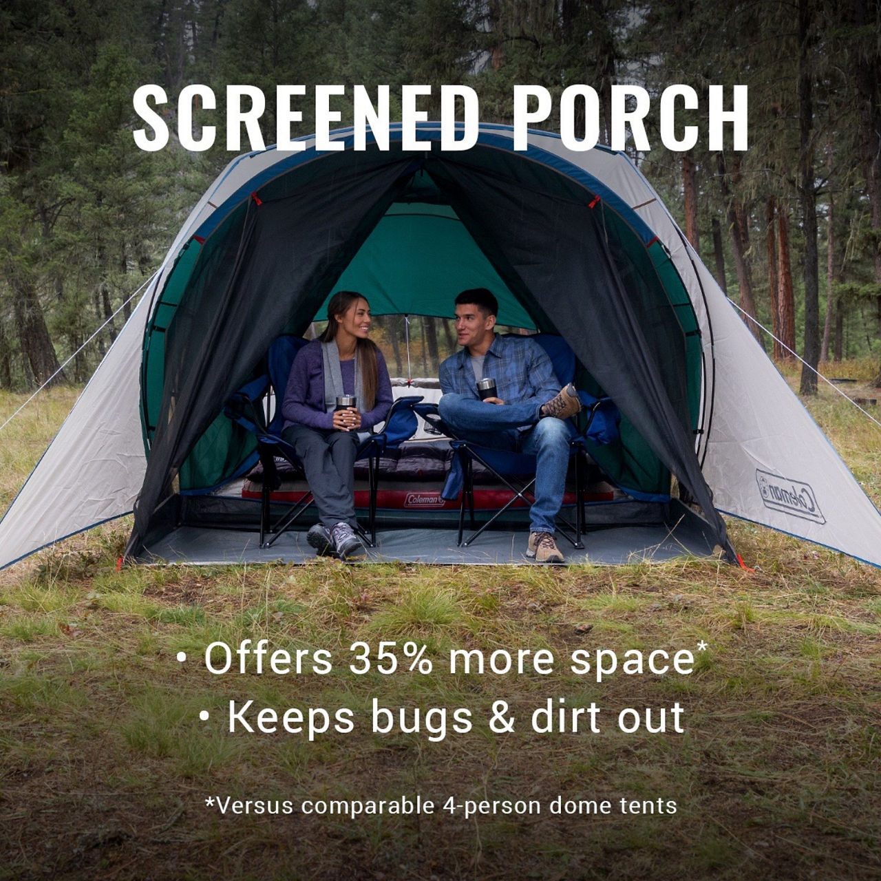 Coleman 4-Person Cabin Tent with Screened Porch | Evergreen | Panoramic Windows | 11 x 8 ft