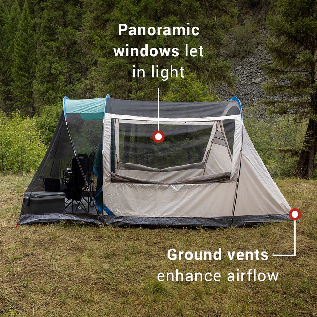 Coleman 4-Person Cabin Tent with Enclosed Weatherproof Screened Porch | Evergreen | Panoramic Windows | 11 x 8 ft