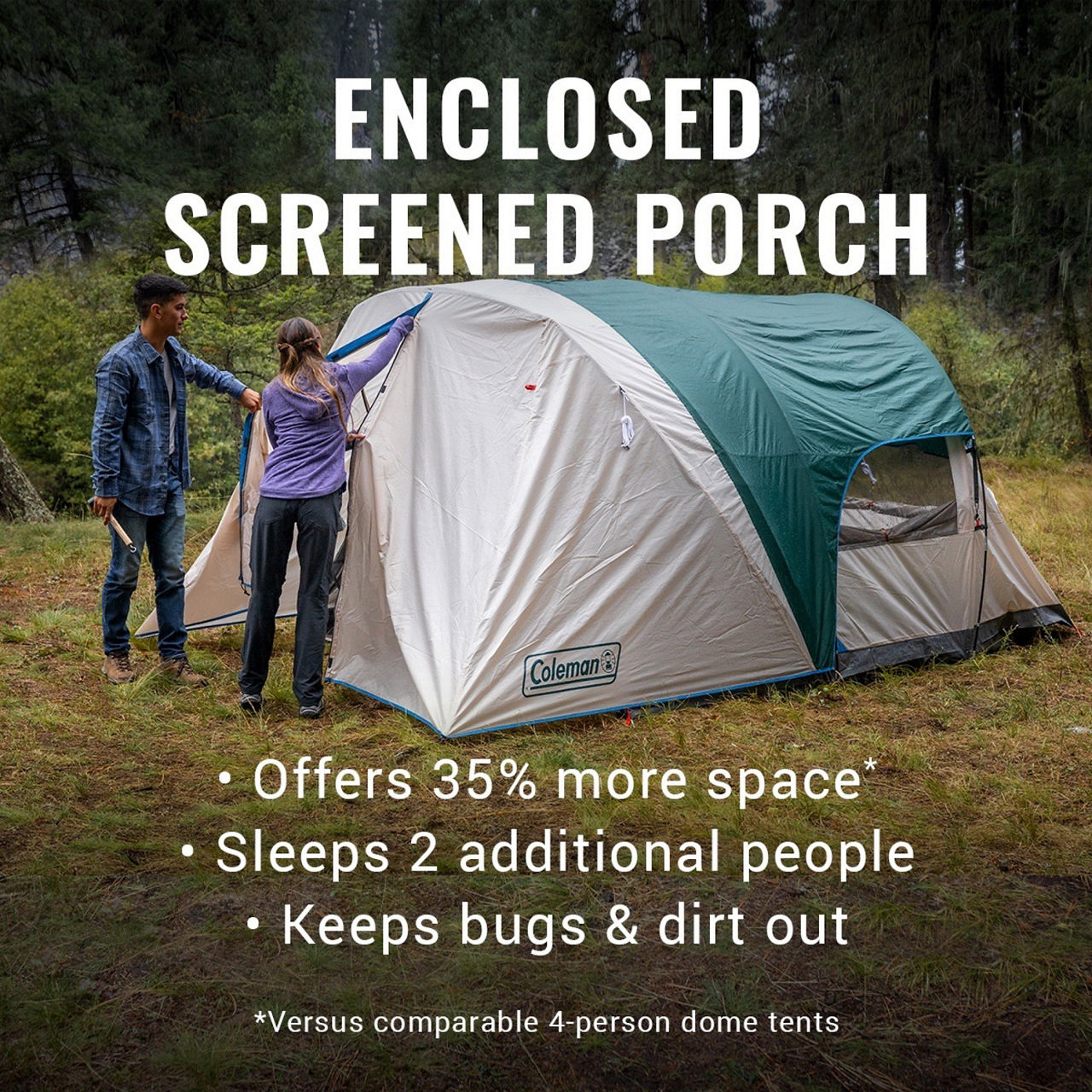 Coleman 4-Person Cabin Tent with Enclosed Weatherproof Screened Porch | Evergreen | Panoramic Windows | 11 x 8 ft
