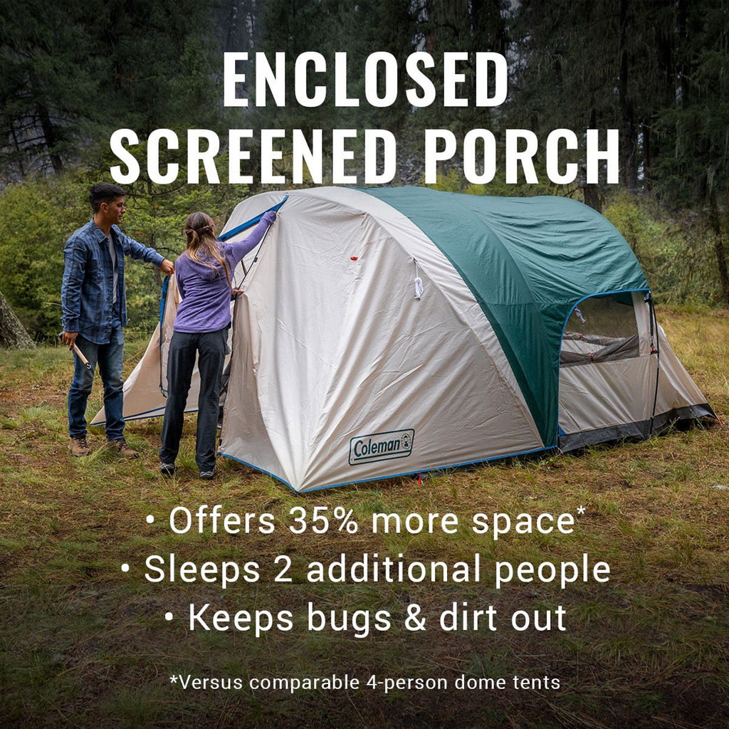 Coleman 6-Person Cabin Tent with Enclosed Weatherproof Screened Porch | Evergreen | Panoramic Windows | 13 x 10 ft
