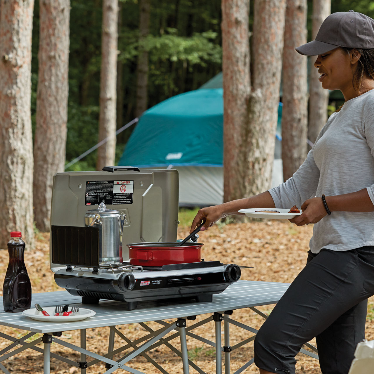 Coleman Deluxe Tabletop Propane 2-in-1 Grill/Stove | 2-Burner | Black | Push-Button Ignition