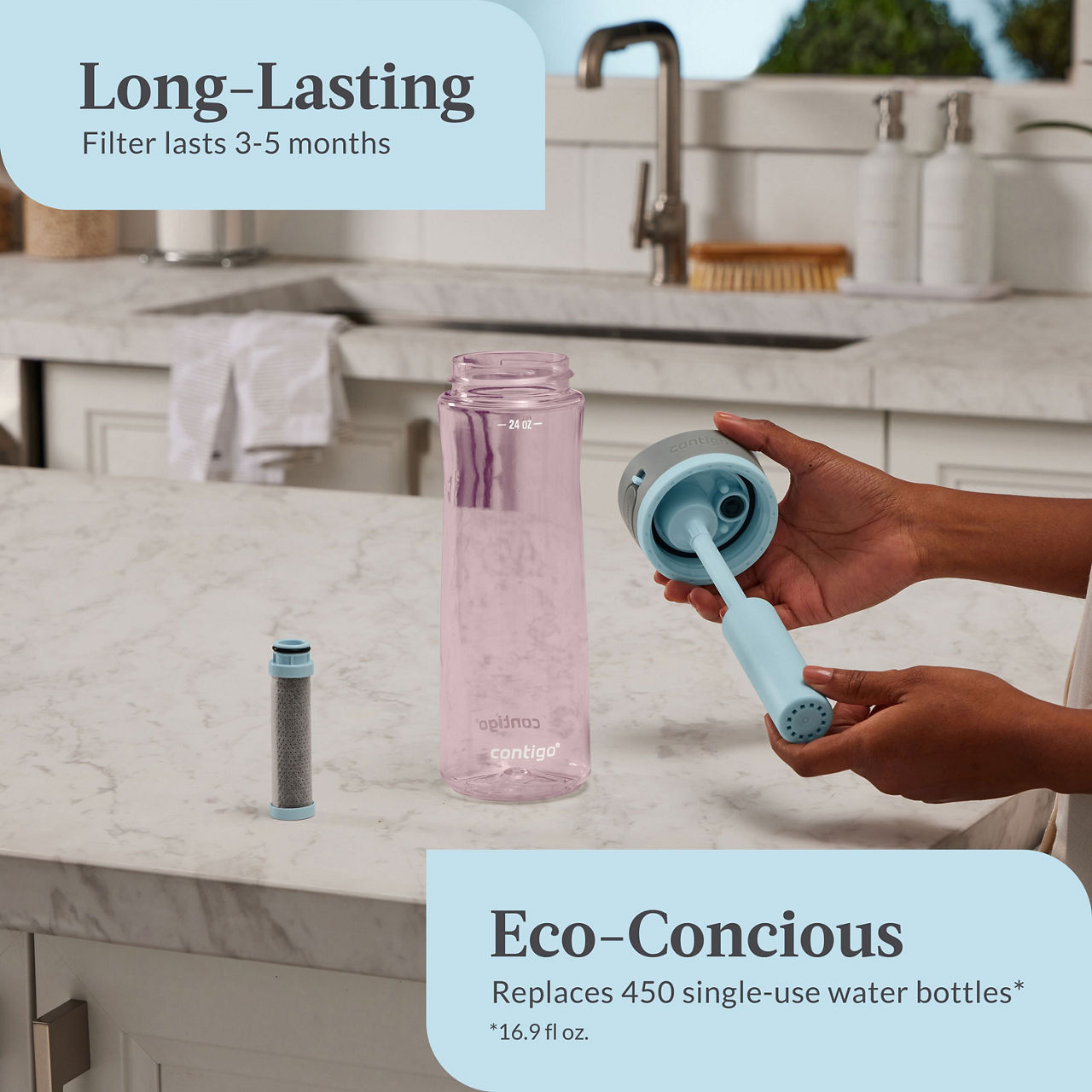 Contigo Wells Plastic Filter Water Bottle with AUTOSPOUT® Straw Lid | 24 Oz. | Strawberry Cream | Cup Holder