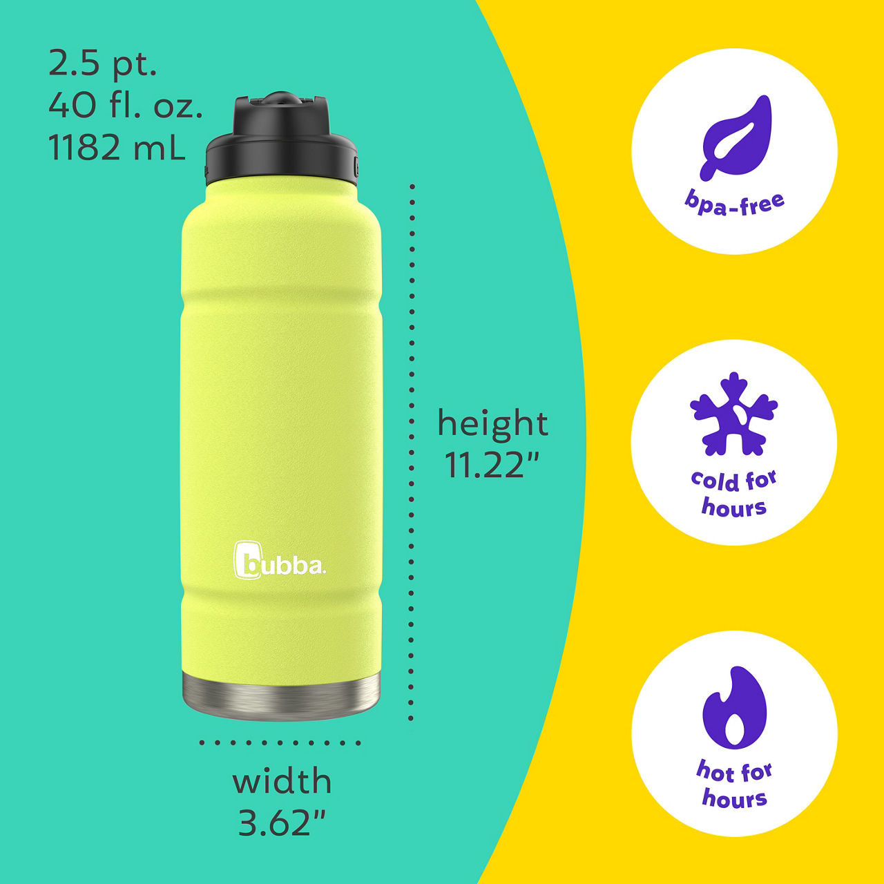bubba Trailblazer Insulated Water Bottle with Straw Lid | 40oz | Limelight Powdercoat