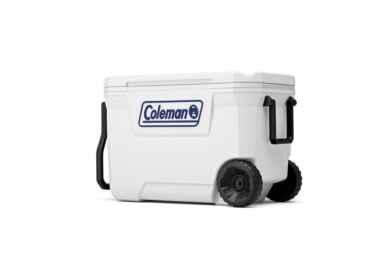 Coleman Classic Series 62-Quart Marine Wheeled Cooler | Fully Insulated | Have-A-Seat Lid supports up to 250 lb. | White | Cup Holder