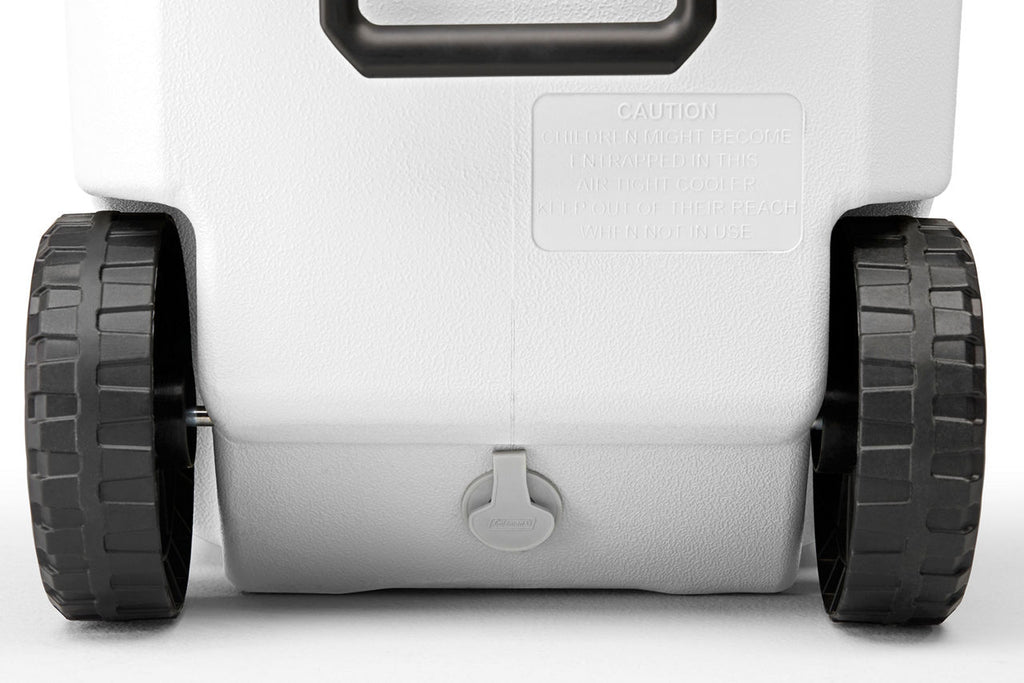 Coleman Classic Series 62-Quart Marine Wheeled Cooler | Fully Insulated | Have-A-Seat Lid supports up to 250 lb. | White | Cup Holder