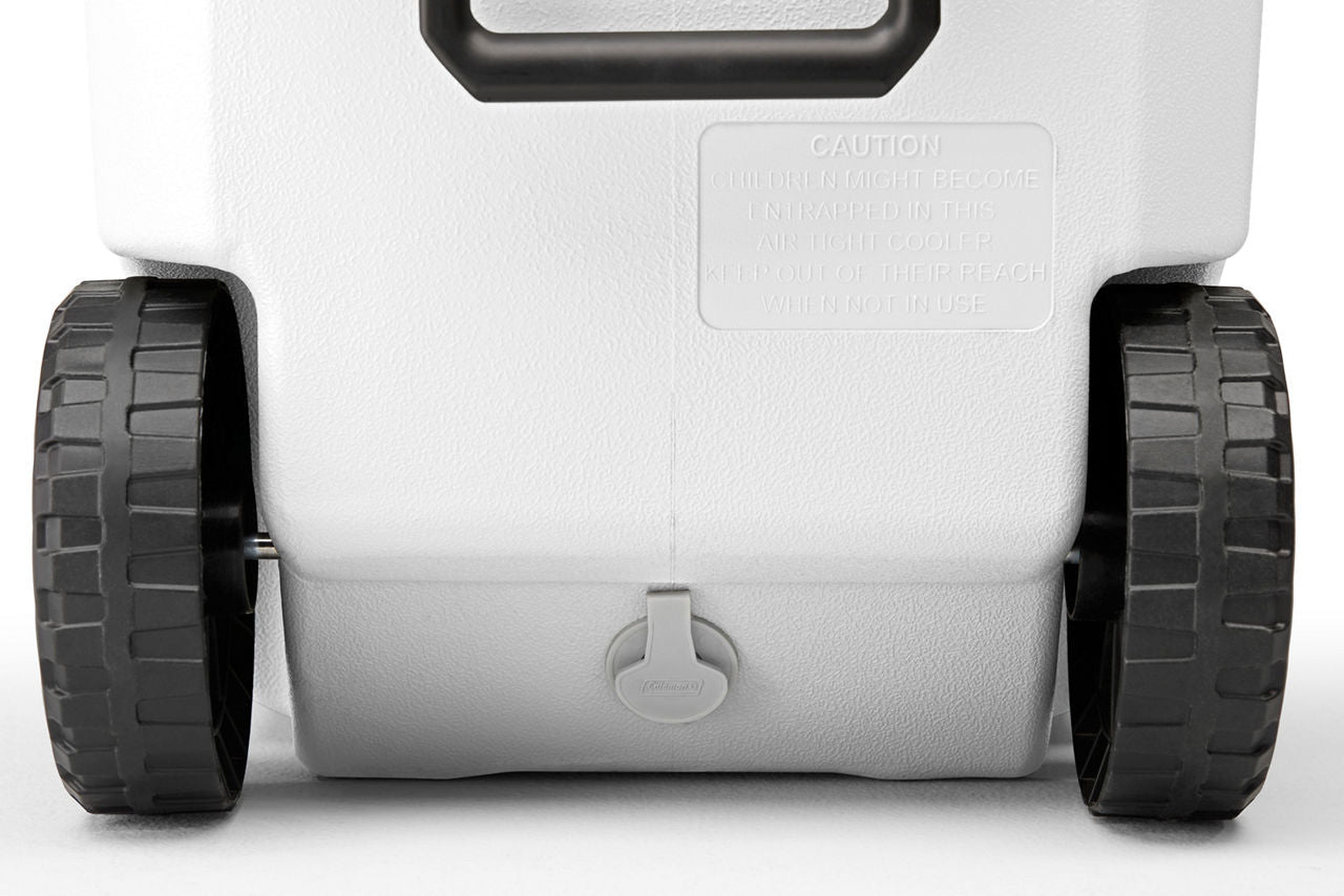 Coleman Classic Series 62-Quart Marine Wheeled Cooler | Fully Insulated | Have-A-Seat Lid supports up to 250 lb. | White | Cup Holder
