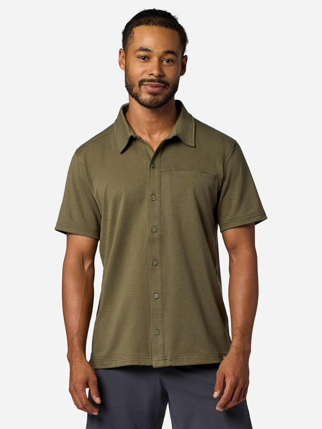 Marmot Men's Sereno Short-Sleeve Collared Shirt (Spring 2026) in Olive Grove Heather
