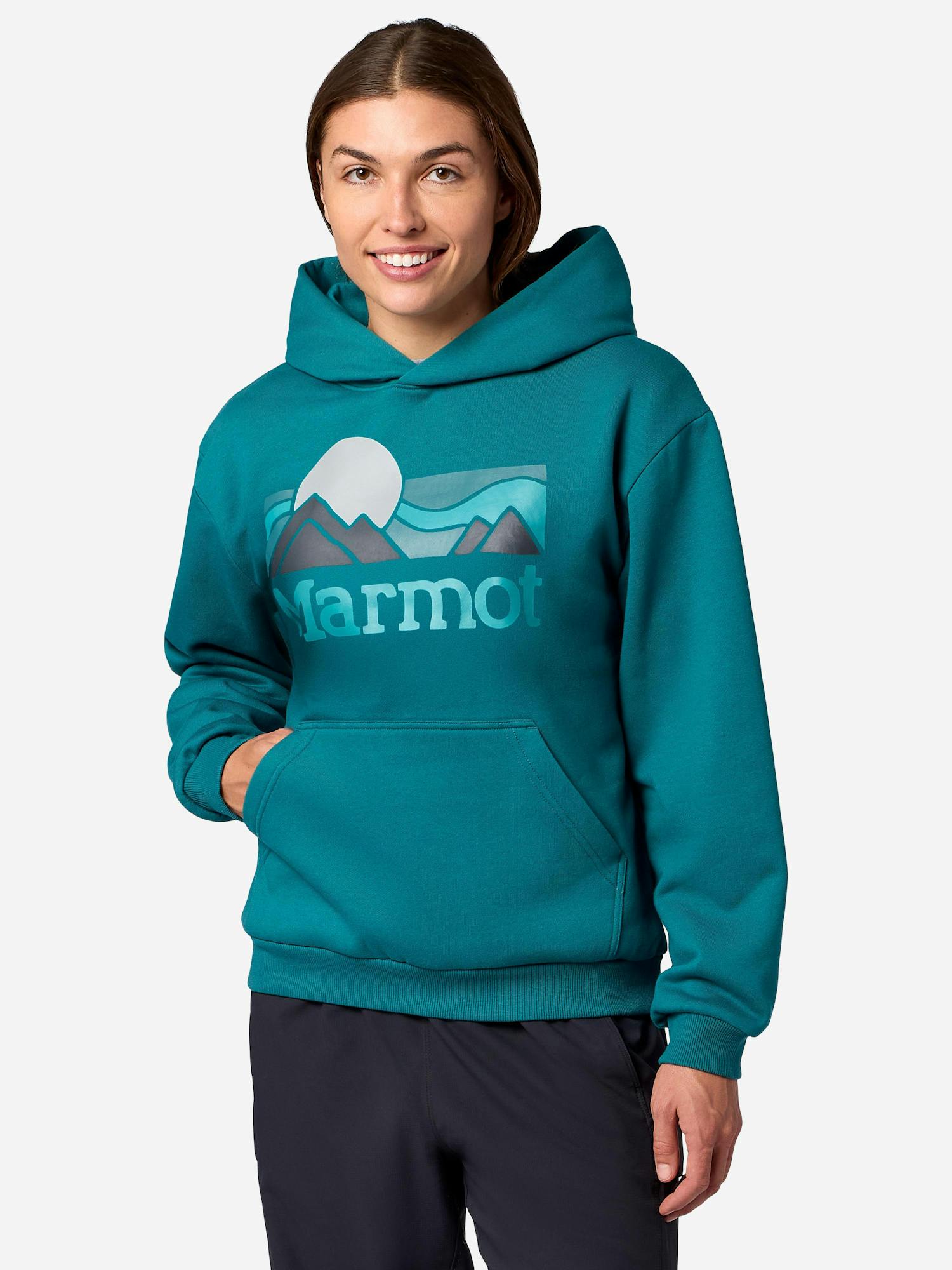 Marmot Women’s Coastal Hoodie (Spring 2026) Shirt in Emerald Blue | Recycled Cotton