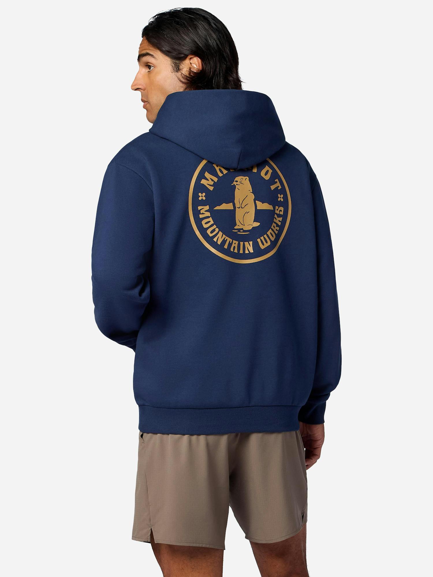 Marmot Men's Mountain Works Circle Critter Hoodie (Spring 2026) Shirt in Nightfall Navy | Recycled Cotton