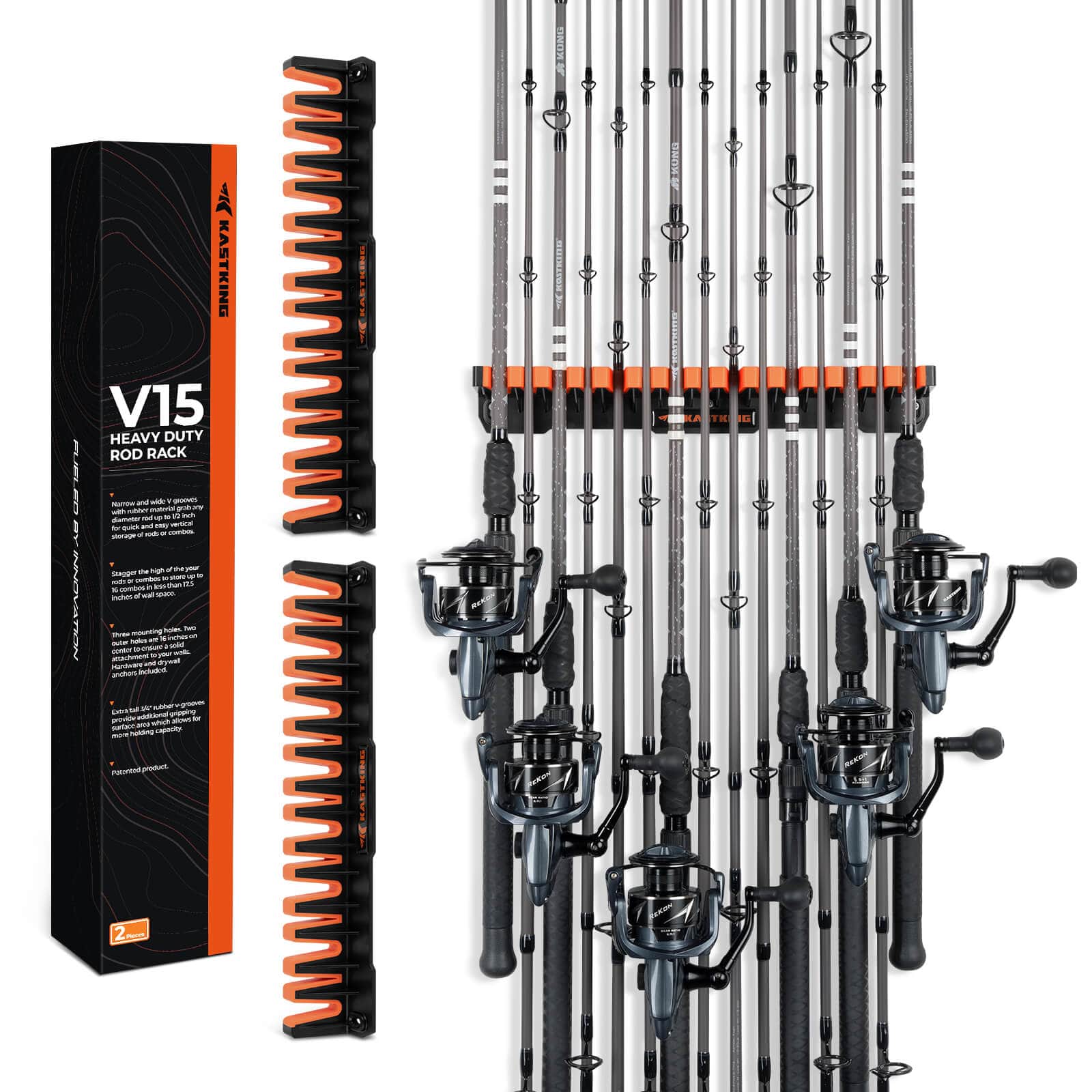 KastKing Patented V15 Vertical Fishing Rod Holder â€“ Wall Mounted Fishing Rod Rack, Store 15 Rods or Fishing Rod Combos in 18 Inches, Great Fishing