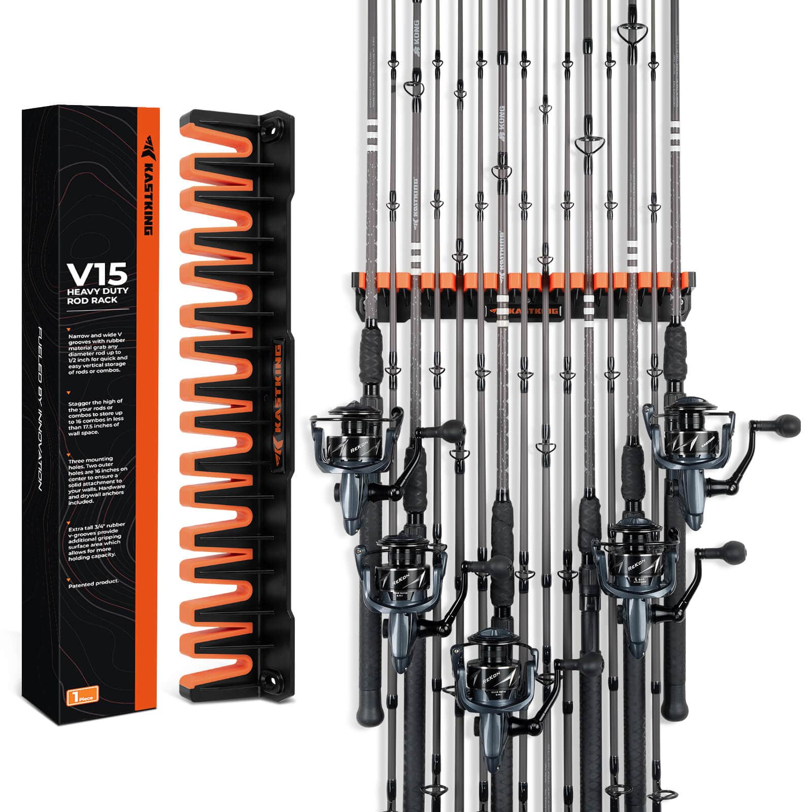 KastKing Patented V15 Vertical Fishing Rod Holder â€“ Wall Mounted Fishing Rod Rack, Store 15 Rods or Fishing Rod Combos in 18 Inches, Great Fishing