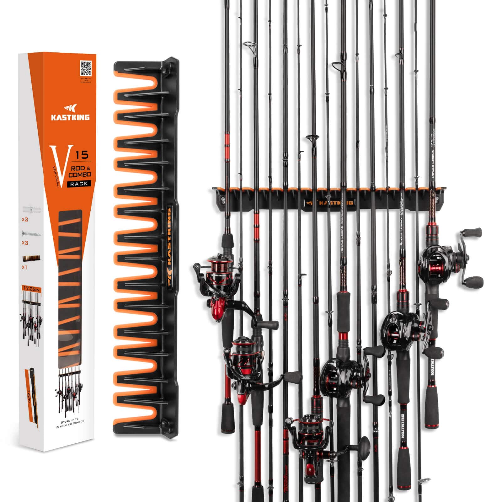 KastKing Patented V15 Vertical Fishing Rod Holder â€“ Wall Mounted Fishing Rod Rack, Store 15 Rods or Fishing Rod Combos in 18 Inches, Great Fishing