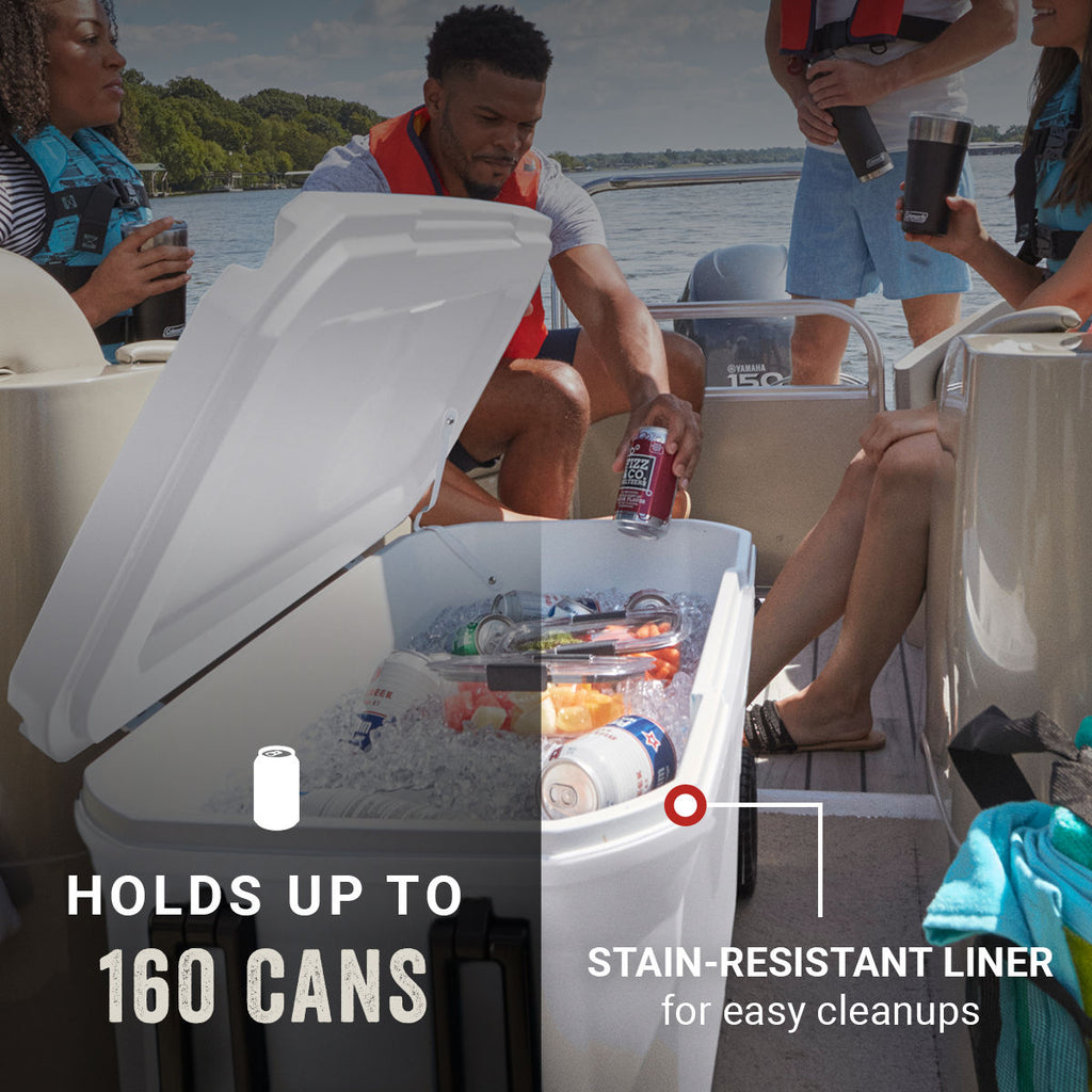 Coleman Classic Series 100-Quart Marine Wheeled Cooler | Fully Insulated | Have-A-Seat Lid supports up to 250 lb. | White | Cup Holder