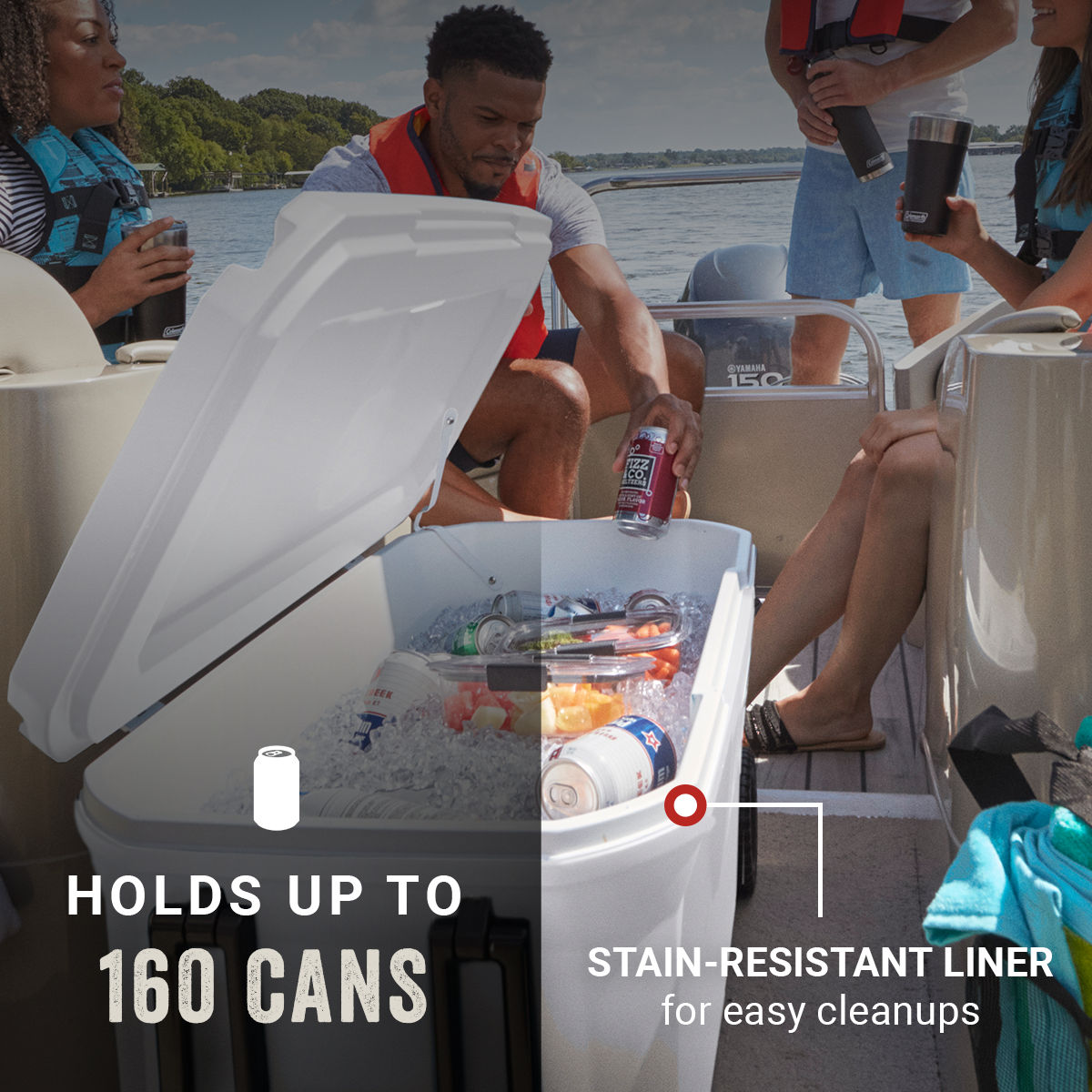 Coleman Classic Series 100-Quart Marine Wheeled Cooler | Fully Insulated | Have-A-Seat Lid supports up to 250 lb. | White | Cup Holder