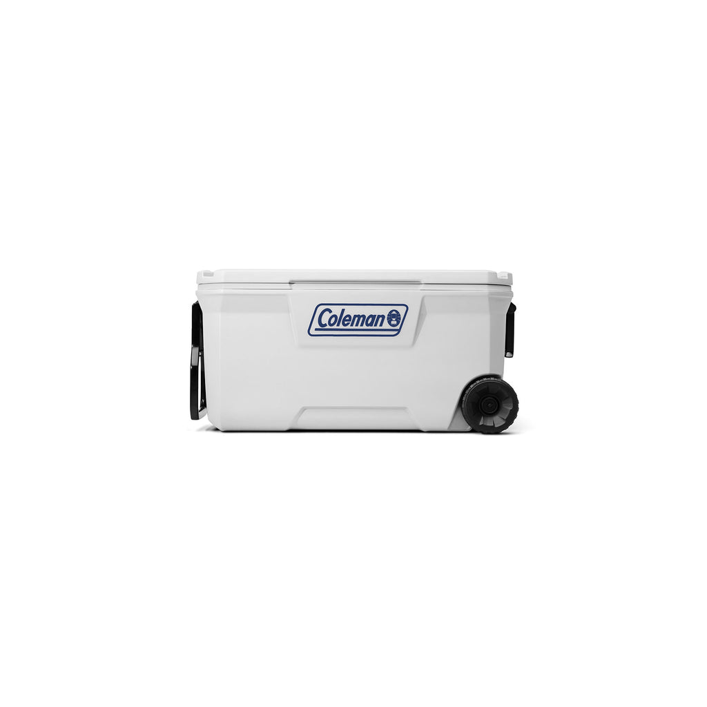 Coleman Classic Series 100-Quart Marine Wheeled Cooler | Fully Insulated | Have-A-Seat Lid supports up to 250 lb. | White | Cup Holder