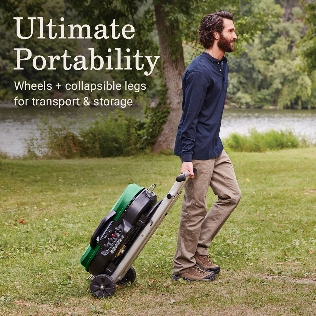 Coleman RoadTrip® 285 Portable Stand-Up Propane Grill | Green | 20,000 BTUs | 3 Independently Adjustable Burners | Push-Button Ignition