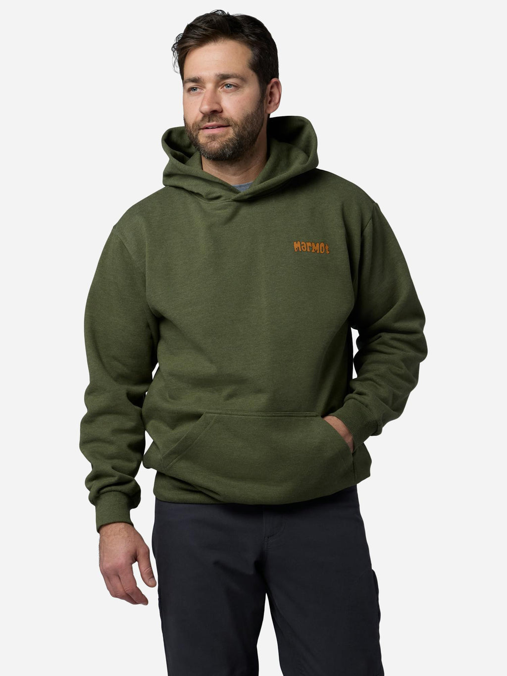 Marmot Men's Marty Goggles Hoodie Shirt in Surplus Green Heather | Recycled Cotton