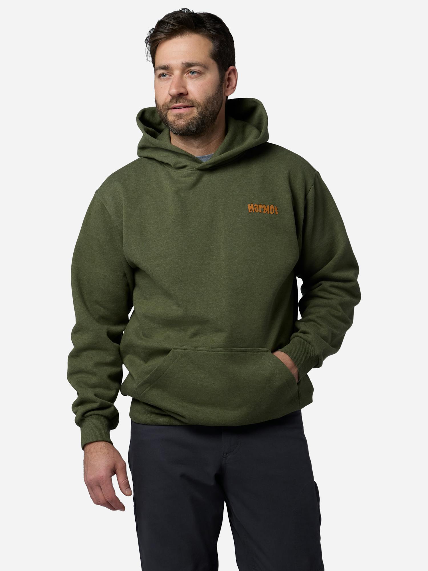 Marmot Men's Marty Goggles Hoodie Shirt in Surplus Green Heather | Recycled Cotton