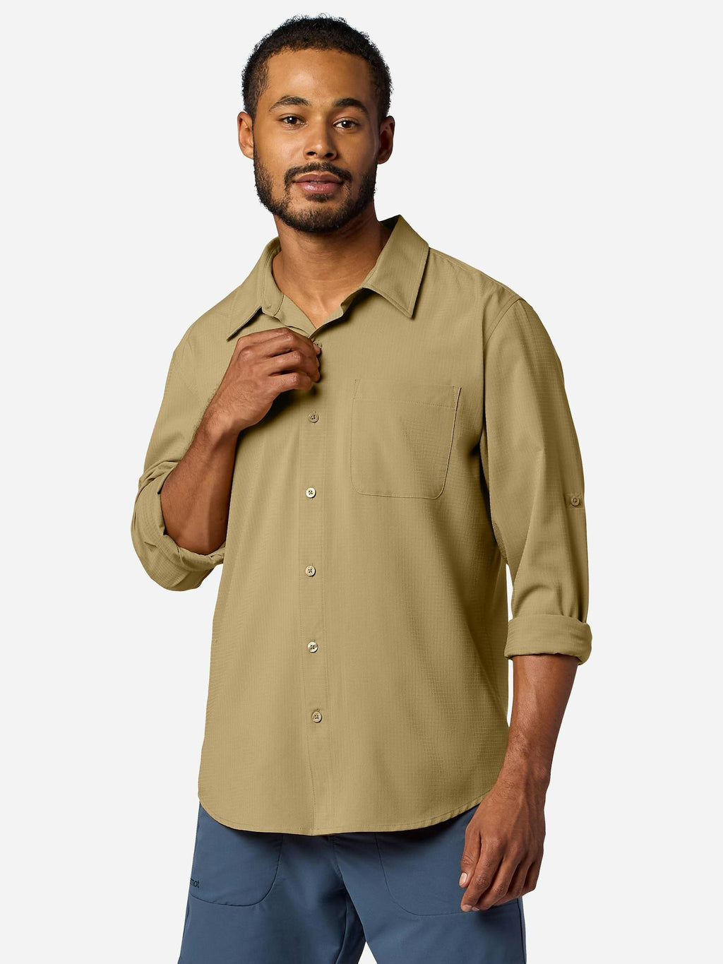 Marmot Men's AirExchange Perforated Long-Sleeve Collared Shirt (Spring 2026) in Desert Khaki