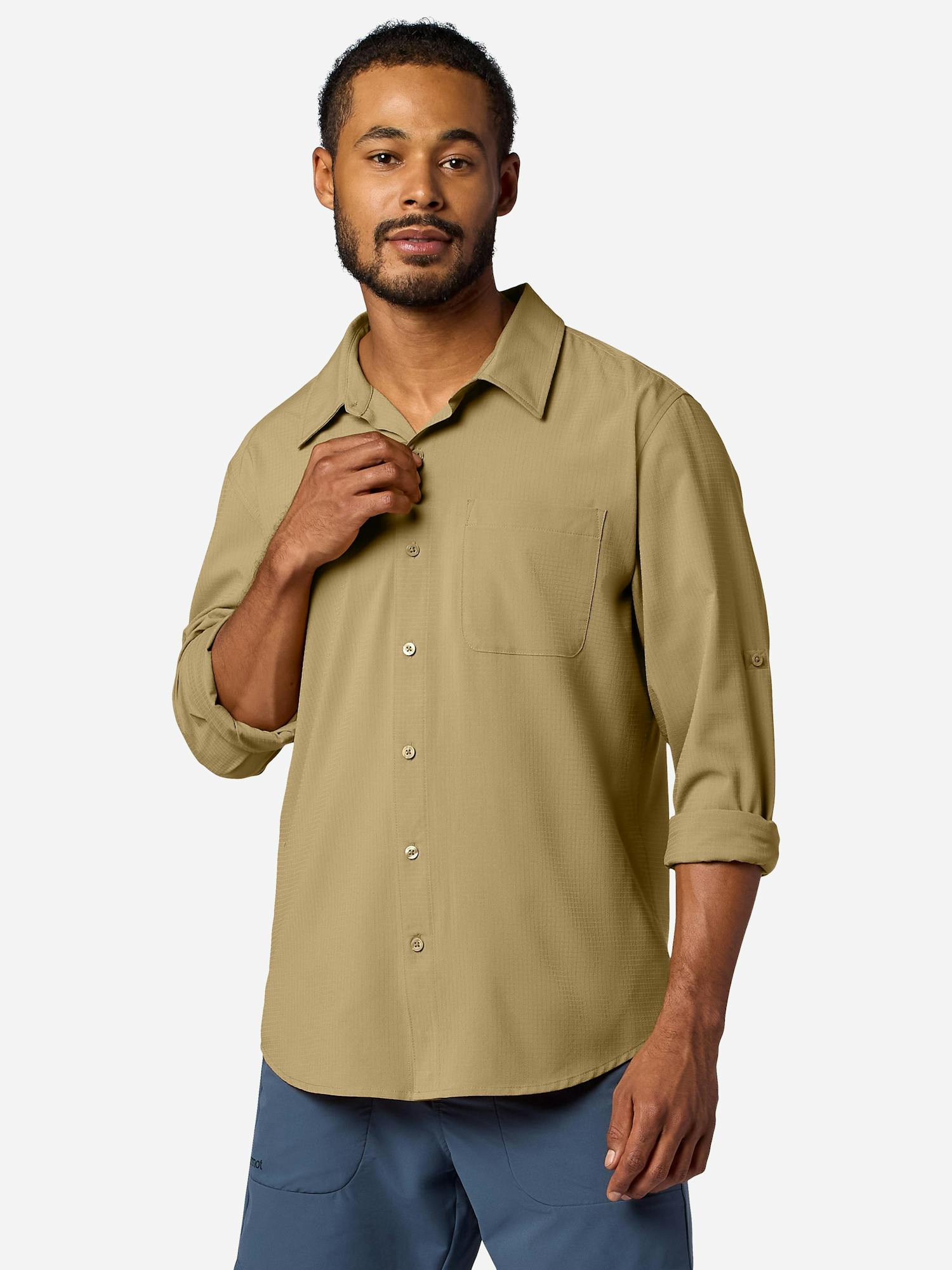 Marmot Men's AirExchange Perforated Long-Sleeve Collared Shirt (Spring 2026) in Desert Khaki