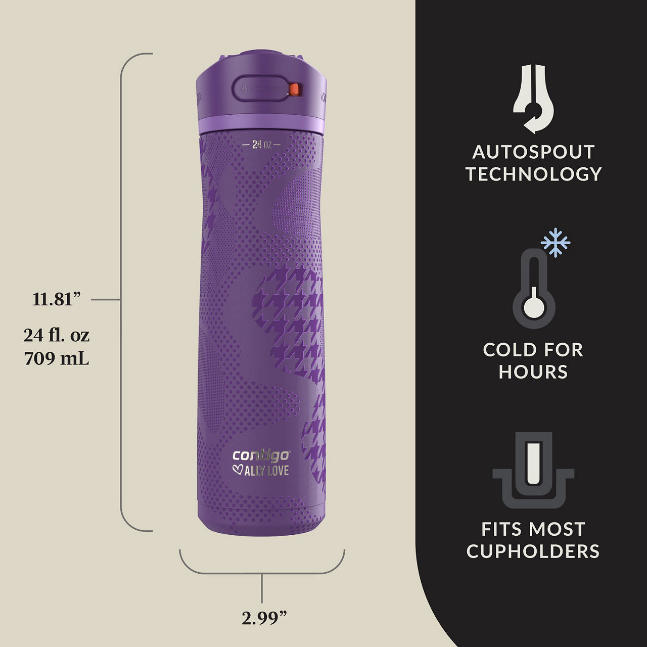 Contigo® x Ally Love Ashland Chill 2.0 Stainless Steel Water Bottle with AUTOSPOUT® Lid | 24oz | Violet | Cup Holder