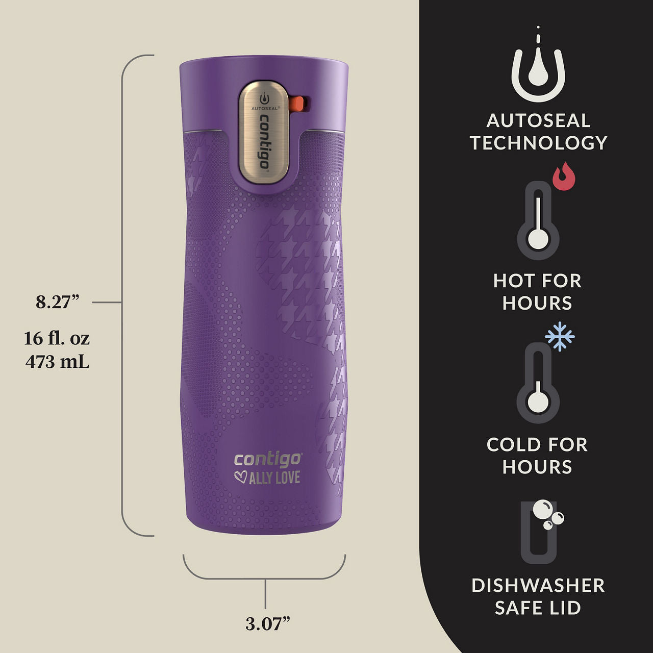 Contigo® x Ally Love West Loop 3.0 Stainless Steel Travel Mug with AUTOSEAL® Easy-Clean Lid | 16oz | Violet