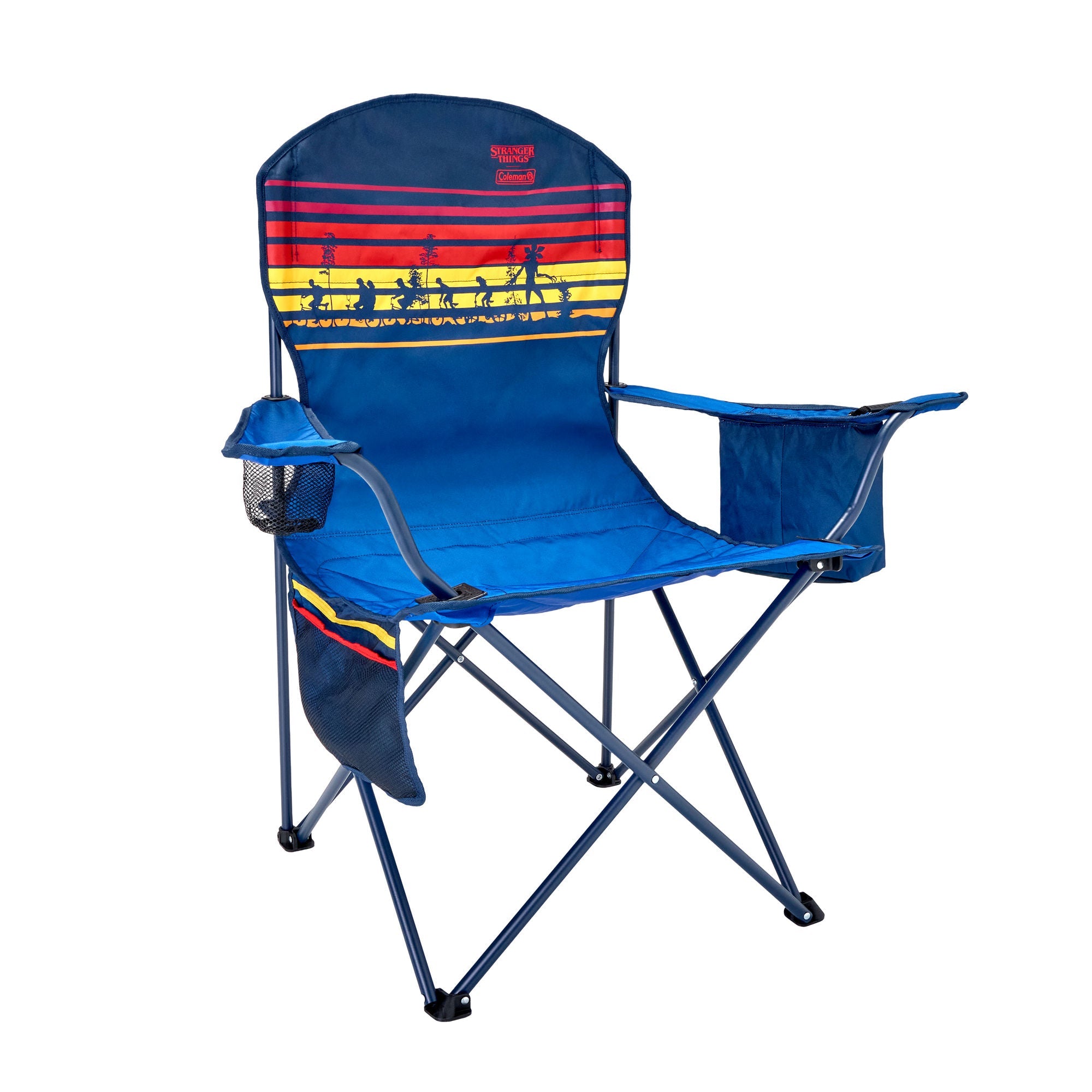 Coleman Stranger Things™ Quad Chair with Cooler | Blue Stripe | Cup Holder | Adjustable Arm Heights