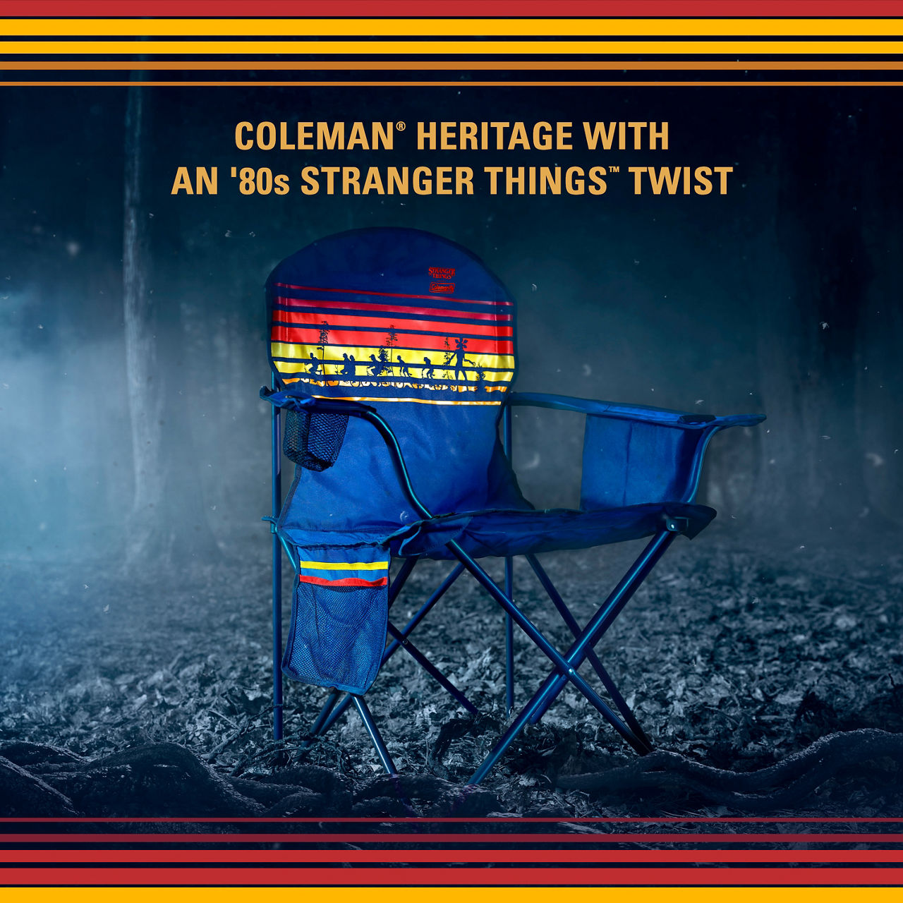 Coleman Stranger Things™ Quad Chair with Cooler | Blue Stripe | Cup Holder | Adjustable Arm Heights