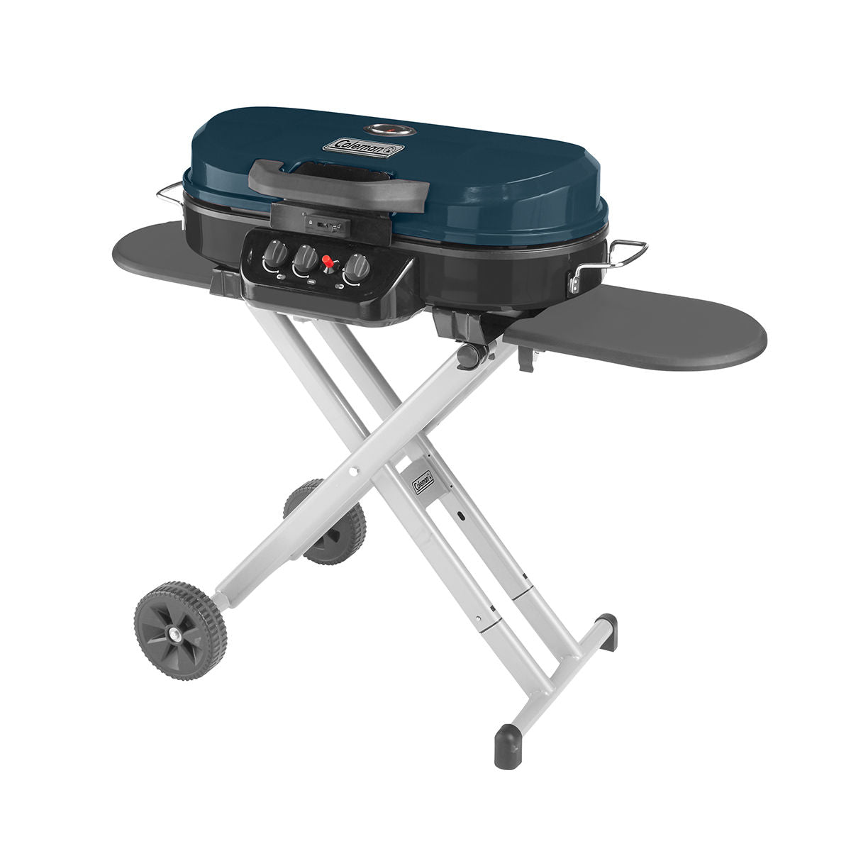 Coleman RoadTrip® 285 Portable Stand-Up Propane Grill | Navy | 20,000 BTUs | 3 Independently Adjustable Burners | Push-Button Ignition