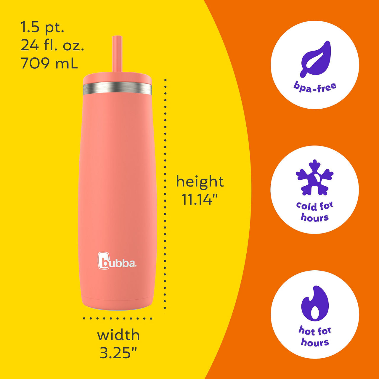 bubba Radiant Stainless Steel Tumbler With Straw | 24oz | Coral