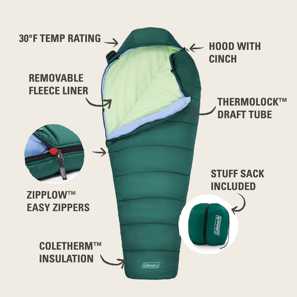 Coleman Cozy 30°F Sleeping Bag With Integrated Liner | Green