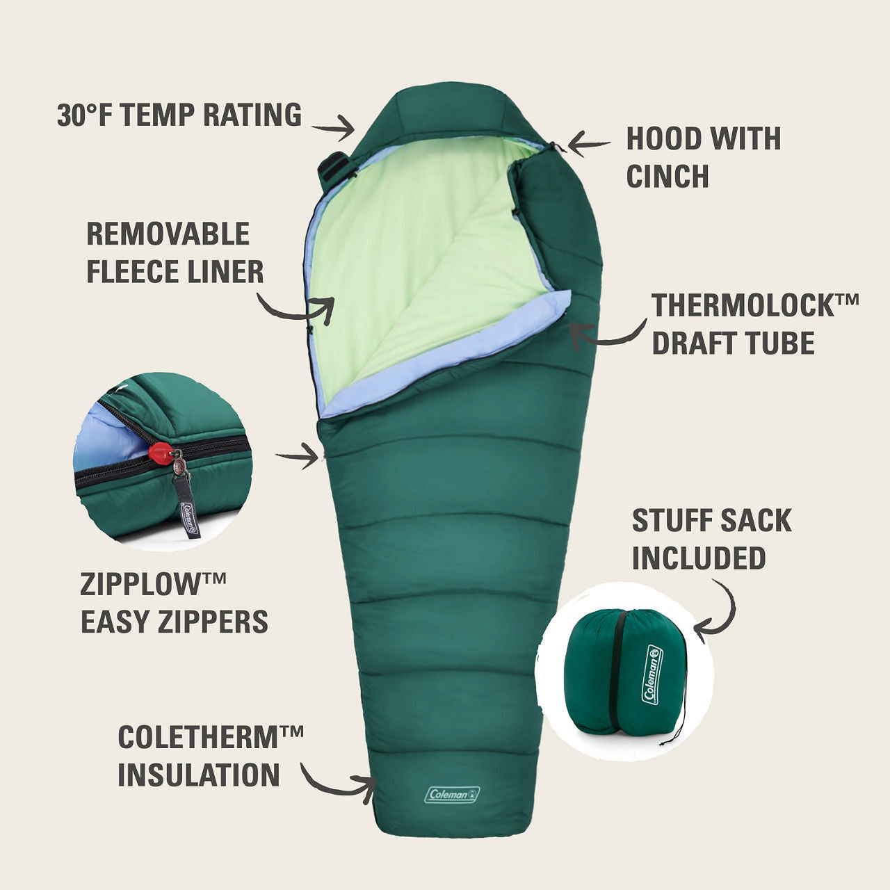 Coleman Cozy 30°F Sleeping Bag With Integrated Liner | Green