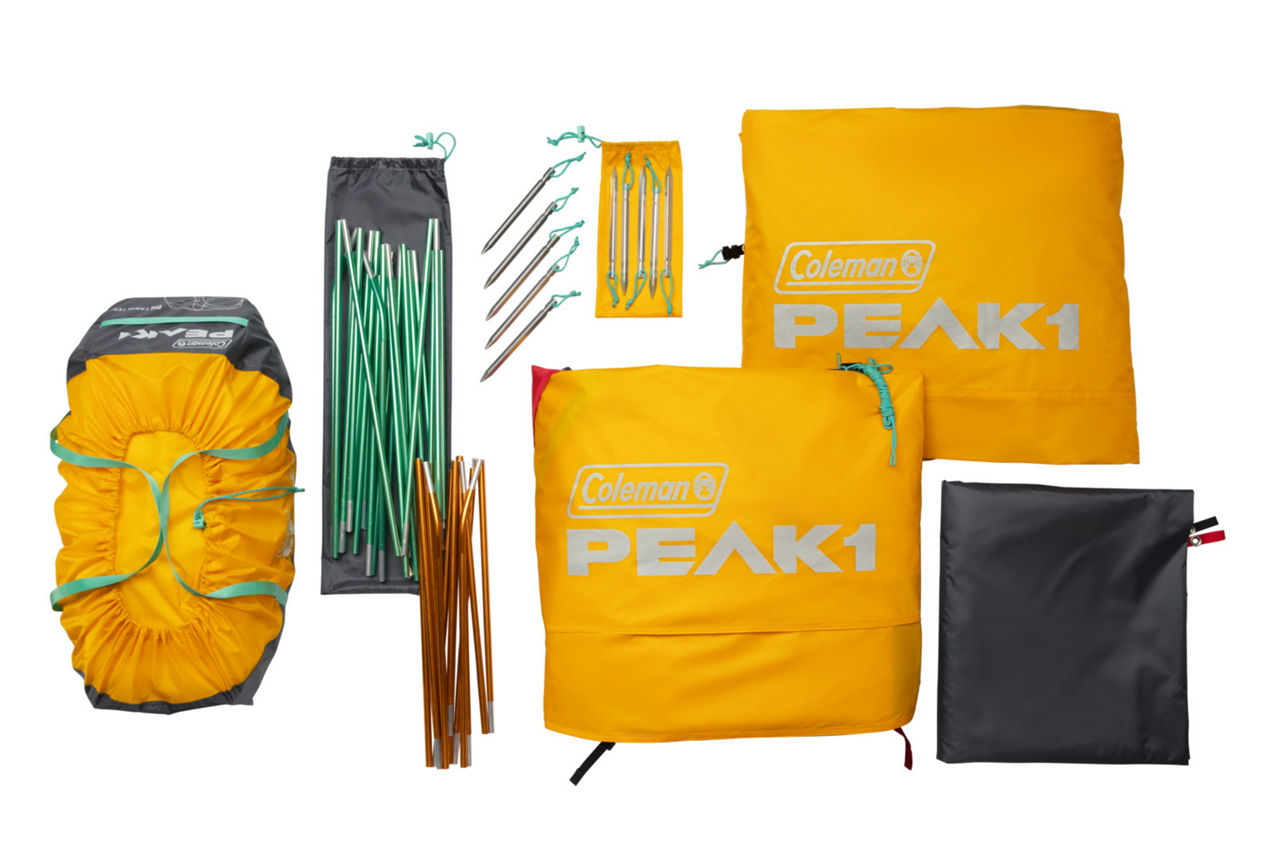 Coleman PEAK1™ 4-Person Dome Tent? | Trail Weight 10 lbs. 5.1 oz.??; Packed Weight 12 lbs. 15.1 oz.. LWH 94” x 94” x 70”?? | Marigold & Dark Stone