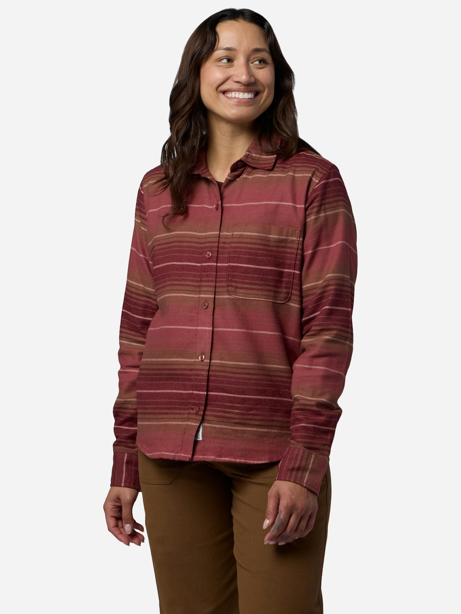 Marmot Women's Rush Creek Lightweight Flannel Long-Sleeve Shirt in Praline Stripe | Cotton
