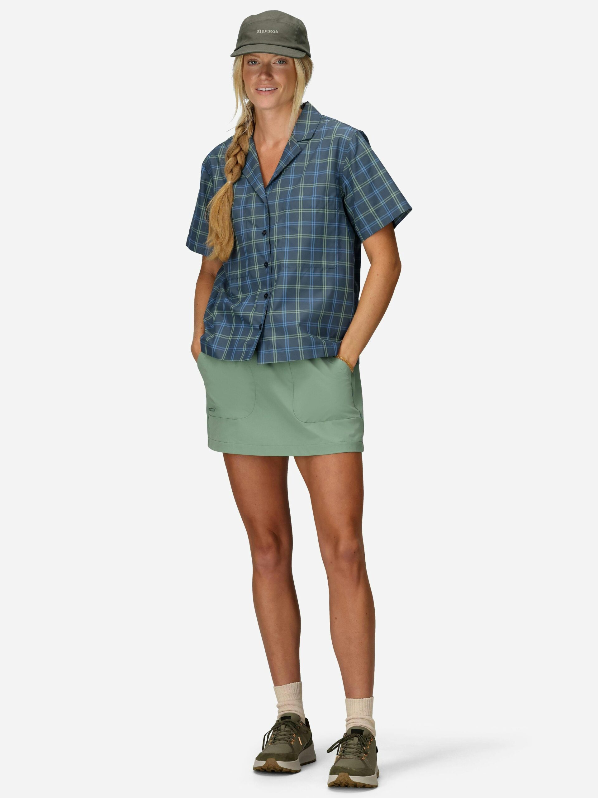 Marmot Women's AirExchange UPF 40 Novelty Short-Sleeve Camp Collared Shirt (Spring 2025) in Thunderhead Windowpane - Image 4