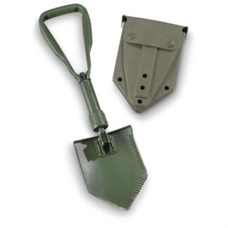 German Military Surplus Steel Tri-Fold Shovel with Vinyl Cover, Used