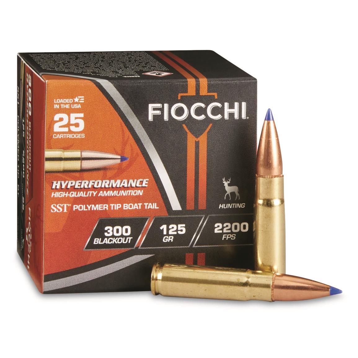Fiocchi Hyperformance, 300 BLK, SST Polymer Tip Boat-Tail, 125 Grain, 25 Rounds