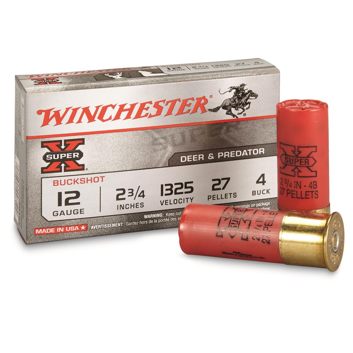 Winchester Super-X Buckshot, 12 Gauge, 2 3/4" Shell, 4 Buck, 27 Pellets, 5 Rounds