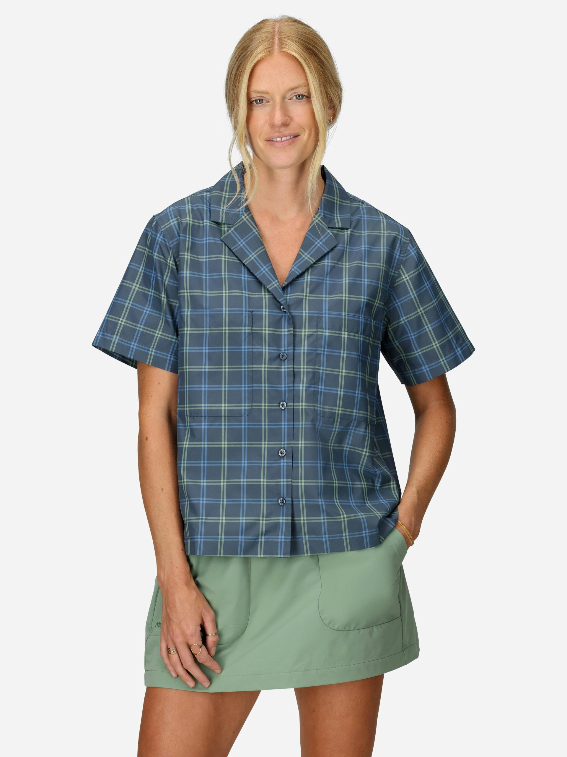 Marmot Women's AirExchange UPF 40 Novelty Short-Sleeve Camp Collared Shirt (Spring 2025) in Thunderhead Windowpane - Image 2