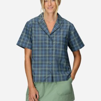Marmot Women's AirExchange UPF 40 Novelty Short-Sleeve Camp Collared Shirt (Spring 2025) in Thunderhead Windowpane