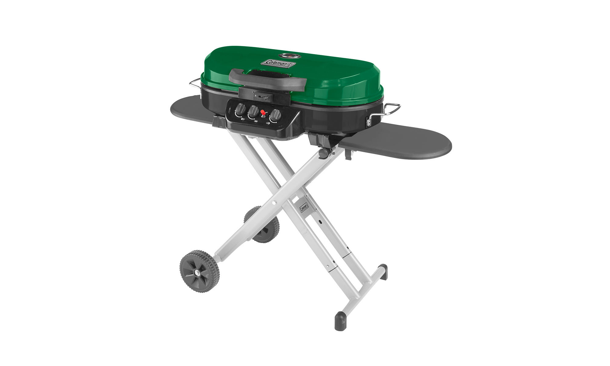 Coleman RoadTrip® 285 Portable Stand-Up Propane Grill | Green | 20,000 BTUs | 3 Independently Adjustable Burners | Push-Button Ignition