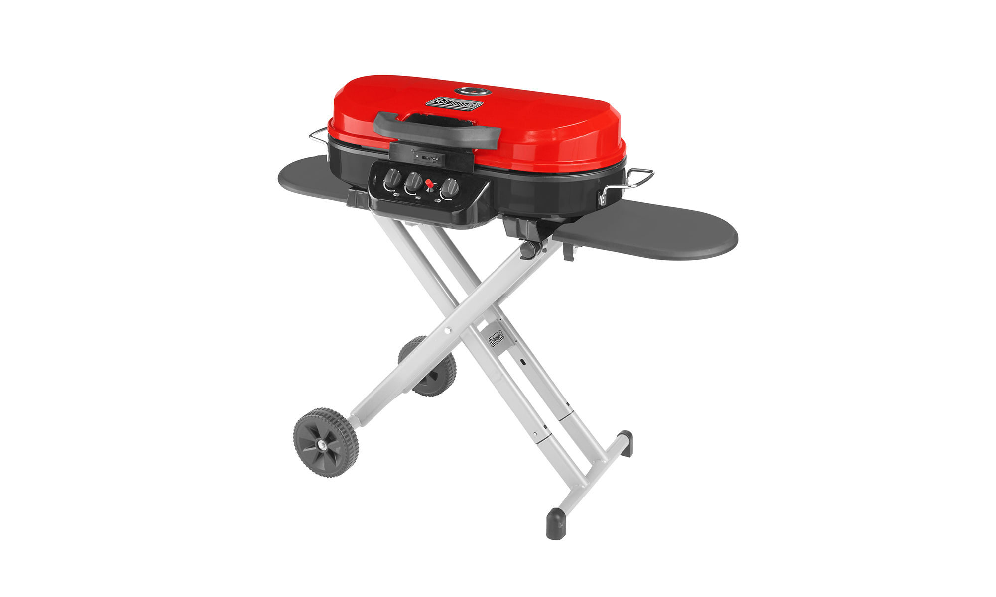Coleman RoadTrip® 285 Portable Stand-Up Propane Grill | Red | 20,000 BTUs | 3 Independently Adjustable Burners | Easy Cleaning | Push-Button Ignition