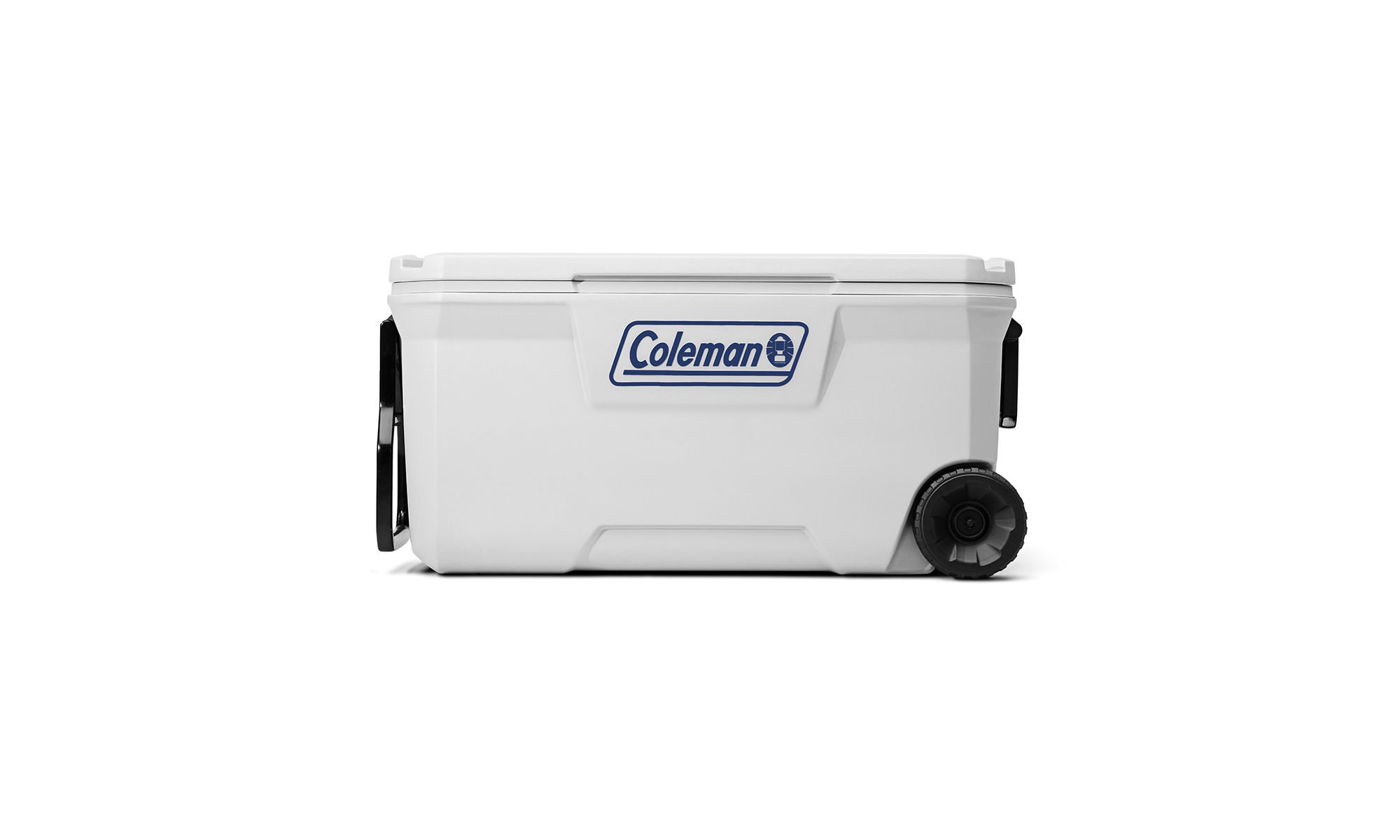 Coleman Classic Series 100-Quart Marine Wheeled Cooler | Fully Insulated | Have-A-Seat Lid supports up to 250 lb. | White | Cup Holder