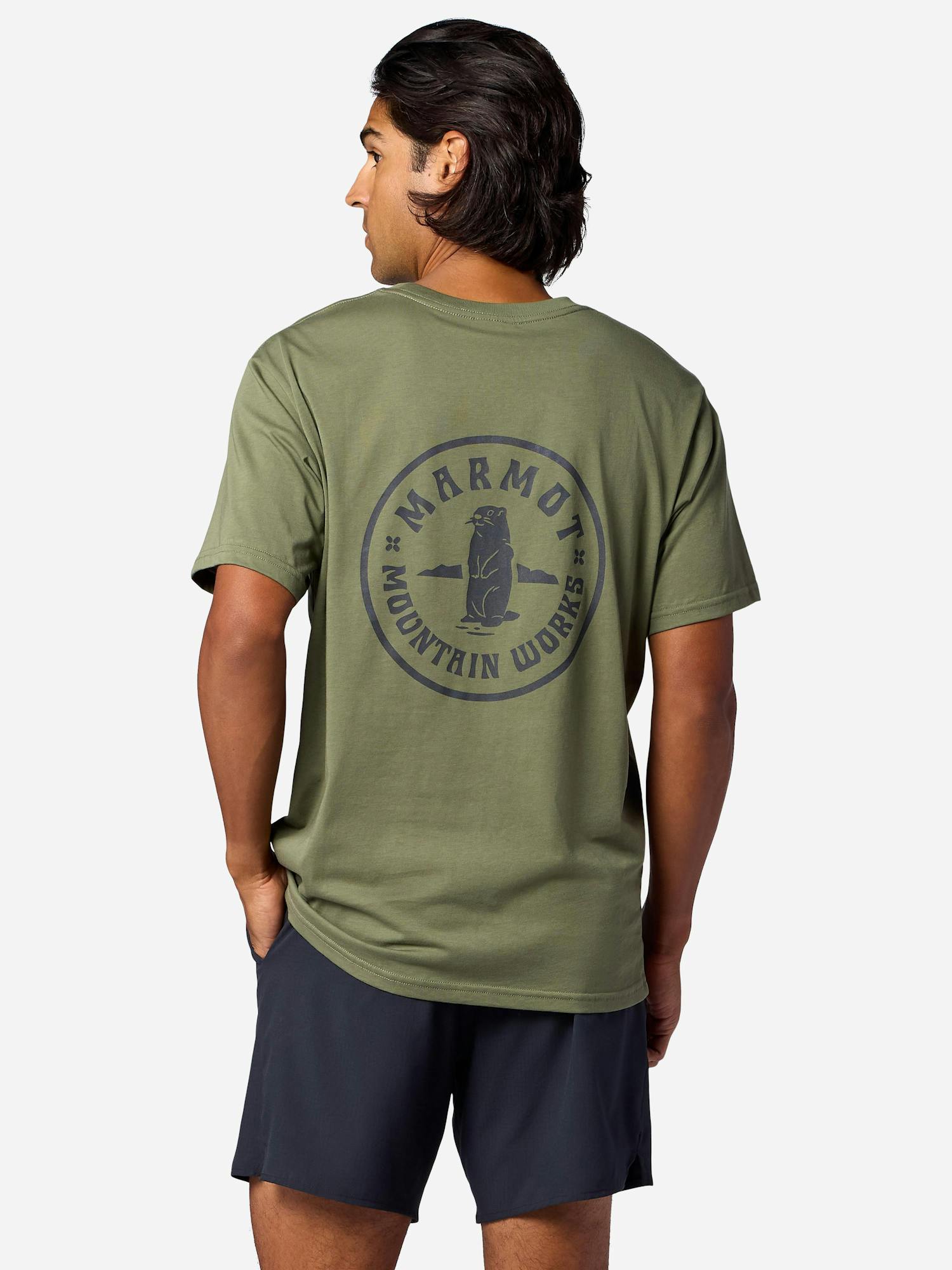 Marmot Men's Mountain Works Circle Critter Short-Sleeve T-Shirt (Spring 2026) in Olive Grove | Recycled Cotton