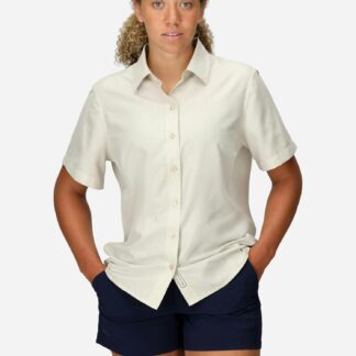 Marmot Women's AirExchange Perforated Short Sleeve Shirt (Spring 2025) in Birch Bark